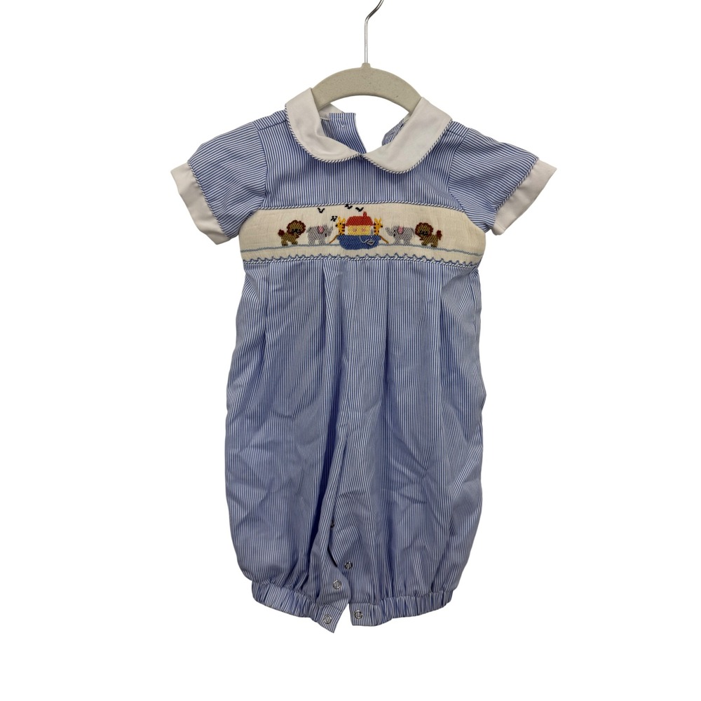 Be Mine Noahs Ark Smocked Bubble Romper Baby Boy 9M Blue Striped Seersucker